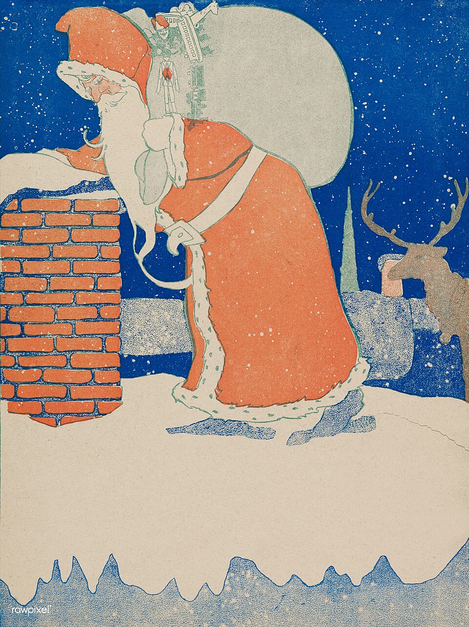 Artwork of Santa delivering presents down a chimney.