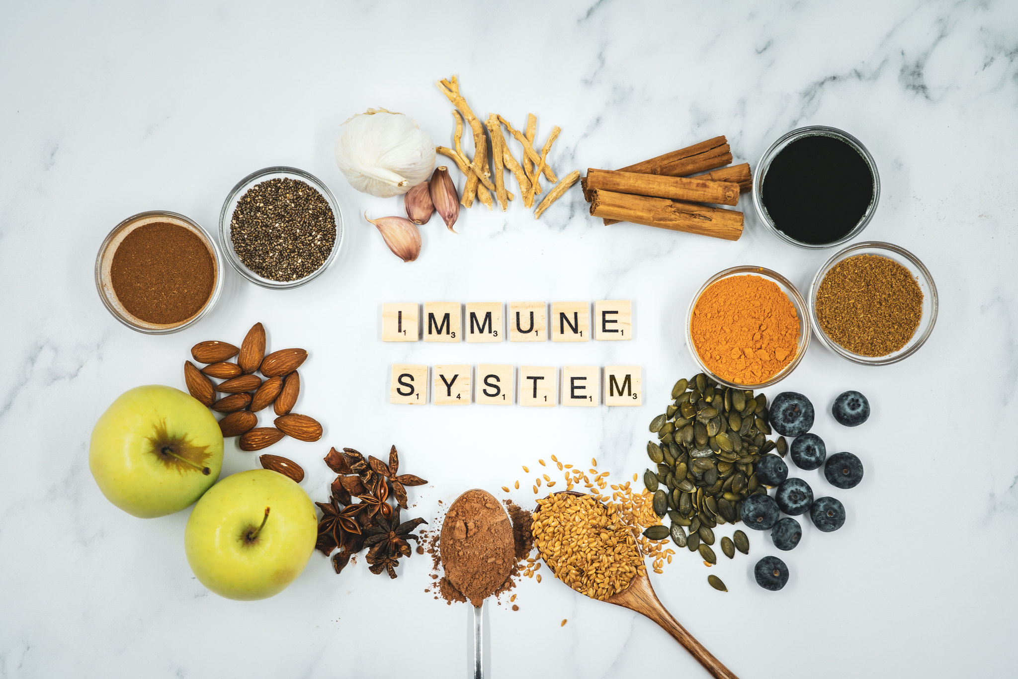 Spices, herbs, apples, and nuts in a circle around Scrable pieces that spell out Immune System